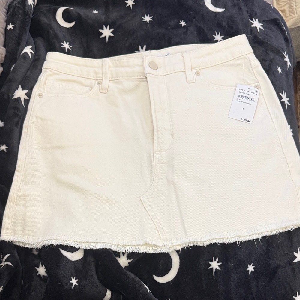 Good American Cream Denim Mini Skirt